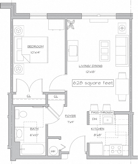 Floor plan for 1 bed, 1 bath, 627 sqft